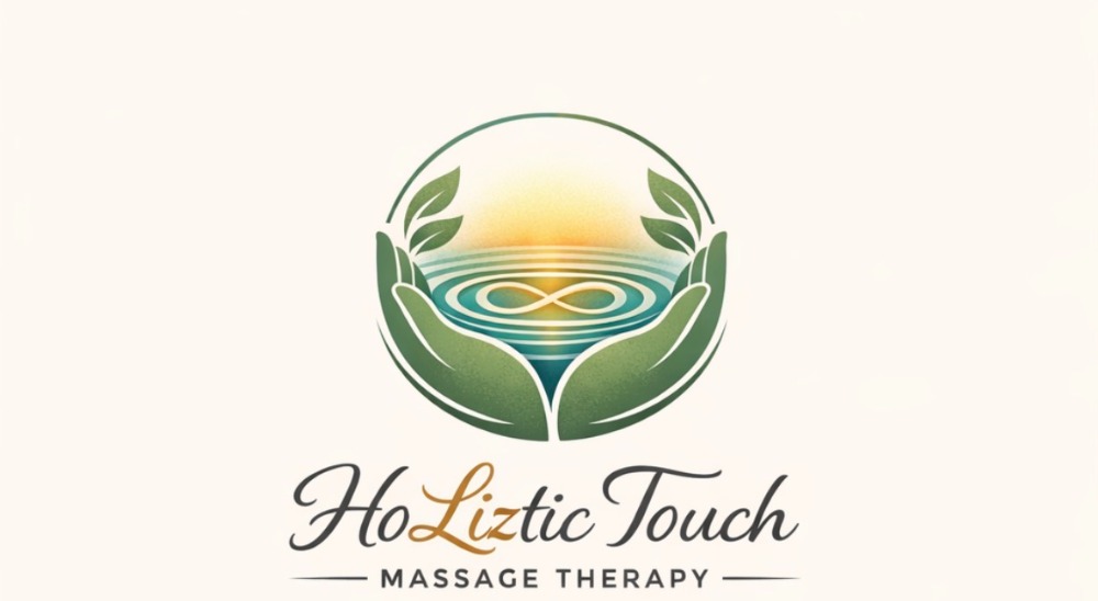 Holiztic Touch logo – hands cradling water with infinity symbol and leaves